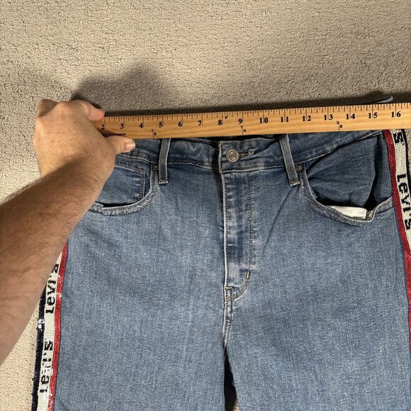 Levi's 721 Premium High Rise Denim Jean Skinny Sz 33 Sequin Logo Stripes Raw Hem - Picture 7 of 16